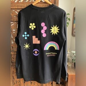 Crooked Tongues long sleeve t shirt, screen print abstract graphic, rainbow